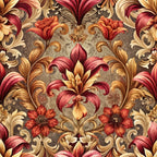 burgundy, gold, coral, ornate florals, baroque pattern, scrollwork, acanthus leaves, damask style, decorative swirls, floral motifs,, fabric panel, rich colors, ornamental design, vintage style, elegant pattern, textile art, warm tones, intricate details