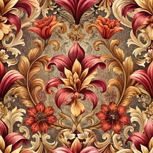 burgundy, gold, coral, ornate florals, baroque pattern, scrollwork, acanthus leaves, damask style, decorative swirls, floral motifs,, fabric panel, rich colors, ornamental design, vintage style, elegant pattern, textile art, warm tones, intricate details