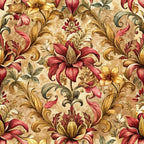 burgundy, gold, cream, beige, baroque pattern, ornate florals, scrollwork, acanthus leaves, decorative swirls, vintage style, elegant motif,, fabric panel, rich colors, intricate design, flowing vines, ornamental flowers, luxurious pattern, detailed artwork