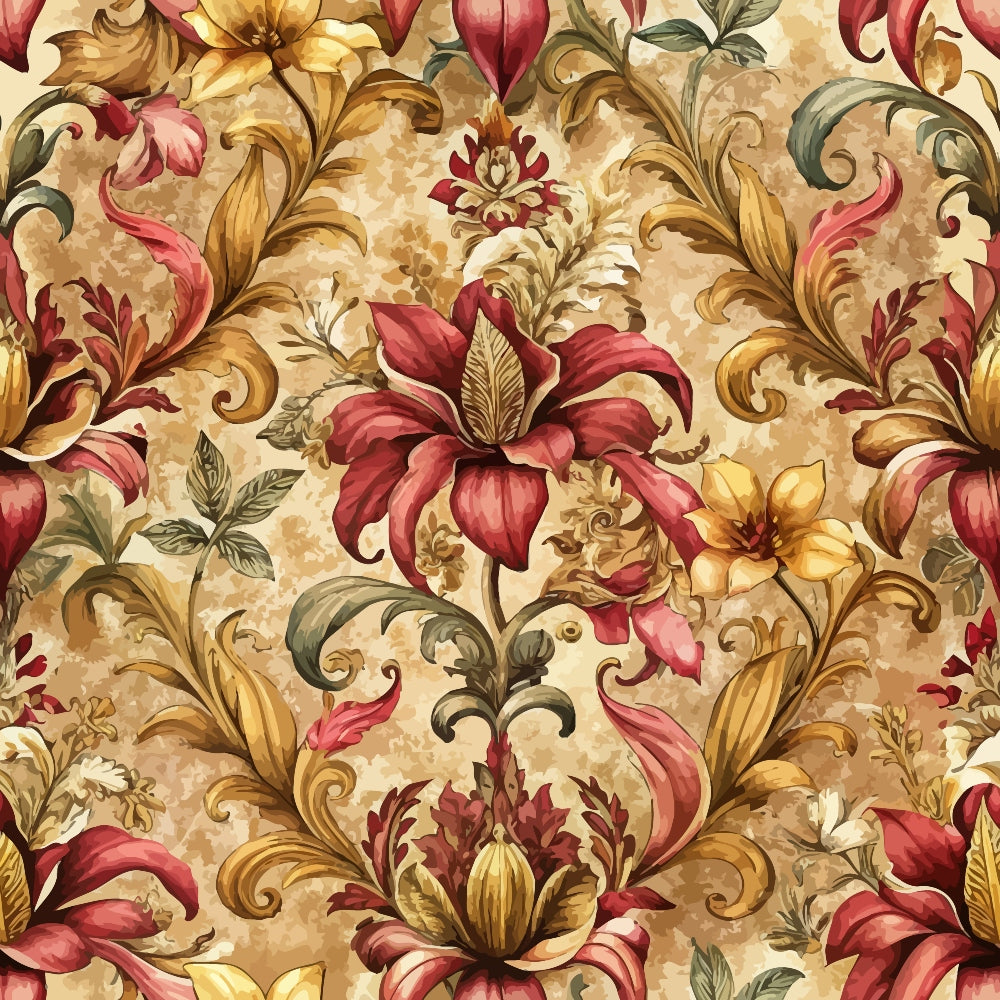 burgundy, gold, cream, beige, baroque pattern, ornate florals, scrollwork, acanthus leaves, decorative swirls, vintage style, elegant motif,, fabric panel, rich colors, intricate design, flowing vines, ornamental flowers, luxurious pattern, detailed artwork