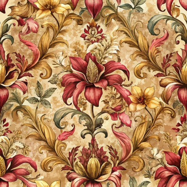 burgundy, gold, cream, beige, baroque pattern, ornate florals, scrollwork, acanthus leaves, decorative swirls, vintage style, elegant motif,, fabric panel, rich colors, intricate design, flowing vines, ornamental flowers, luxurious pattern, detailed artwork