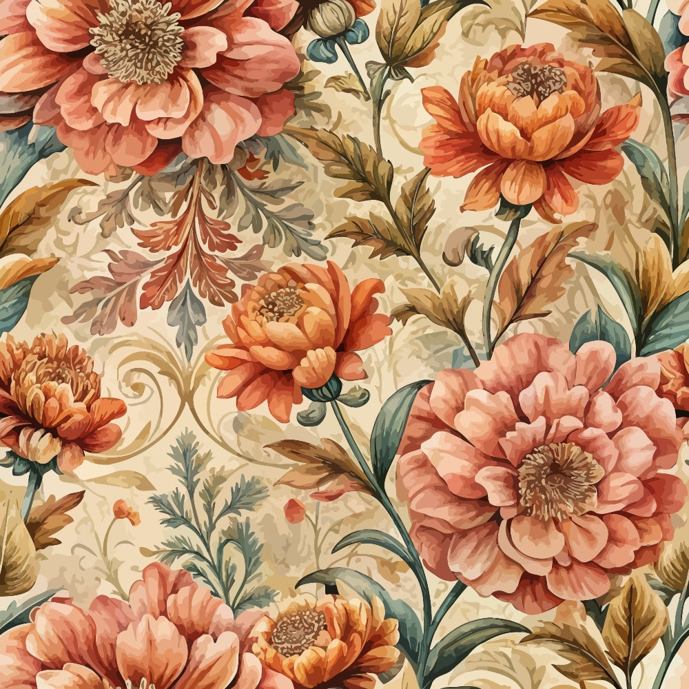 baroque florals, coral flowers, peach blooms, ornate peonies, vintage botanical, decorative scrollwork, warm autumn tones, burnt orange, dusty rose, golden brown, sage green, cream background,, fabric panel, floral damask, ornamental design, romantic blooms, layered petals, flowing vines, decorative leaves
