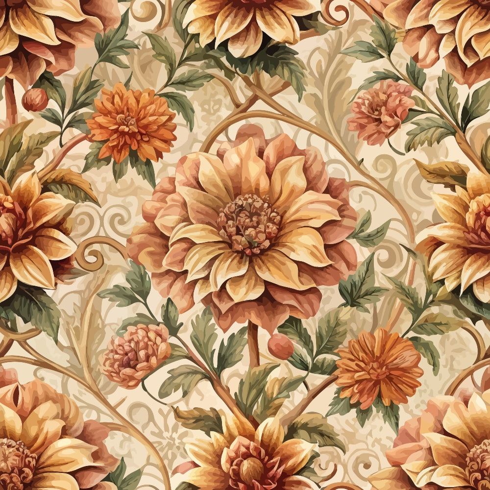 baroque florals,, fabric panel, ornate flowers, autumn colors, golden yellow, burnt orange, sage green, cream background, decorative scrollwork, botanical design, floral motifs, warm tones, intricate pattern, ornamental style, fall themed, detailed petals, vintage inspired, seamless repeat, cotton fabric