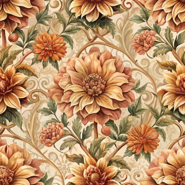 baroque florals,, fabric panel, ornate flowers, autumn colors, golden yellow, burnt orange, sage green, cream background, decorative scrollwork, botanical design, floral motifs, warm tones, intricate pattern, ornamental style, fall themed, detailed petals, vintage inspired, seamless repeat, cotton fabric