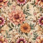 baroque florals, peachy pink, coral, sage green, brown, cream background, ornate flowers, decorative scrolls, vintage botanical, damask pattern,, fabric panel, elegant blooms, swirling vines, muted tones, romantic florals, intricate design, soft pastels, detailed petals, flowing stems