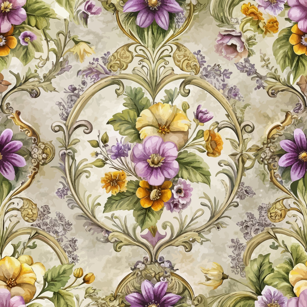 baroque florals, purple flowers, yellow blooms, ornate scrollwork, decorative medallions, vintage floral, lavender petals, golden accents, green foliage, cream background,, fabric panel, elegant swirls, botanical motifs, romantic style, soft pastels, repeating pattern, ornamental design