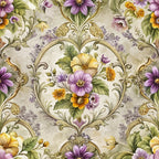 baroque florals, purple flowers, yellow blooms, ornate scrollwork, decorative medallions, vintage floral, lavender petals, golden accents, green foliage, cream background,, fabric panel, elegant swirls, botanical motifs, romantic style, soft pastels, repeating pattern, ornamental design