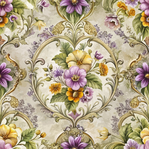 baroque florals, purple flowers, yellow blooms, ornate scrollwork, decorative medallions, vintage floral, lavender petals, golden accents, green foliage, cream background,, fabric panel, elegant swirls, botanical motifs, romantic style, soft pastels, repeating pattern, ornamental design