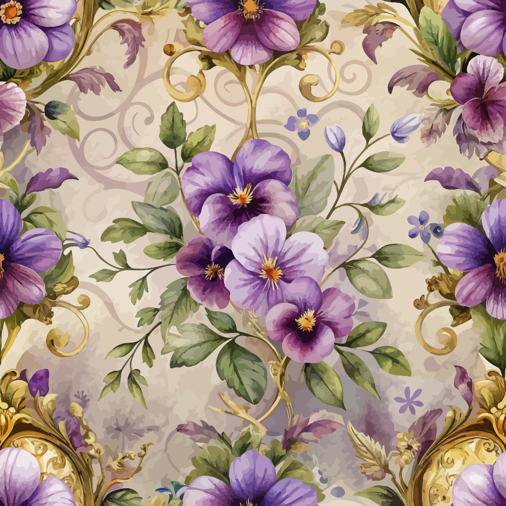 purple flowers, lavender blooms, baroque pattern, ornate scrollwork, gold accents, green leaves, floral motif, decorative swirls, pansy flowers, vintage style, elegant design,, fabric panel, botanical print, rococo elements, cream background, purple petals, leafy vines, ornamental flourishes, artistic florals
