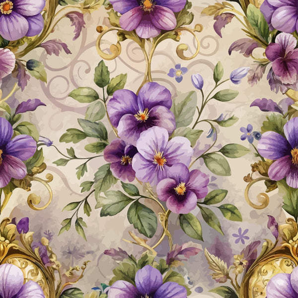 purple flowers, lavender blooms, baroque pattern, ornate scrollwork, gold accents, green leaves, floral motif, decorative swirls, pansy flowers, vintage style, elegant design,, fabric panel, botanical print, rococo elements, cream background, purple petals, leafy vines, ornamental flourishes, artistic florals