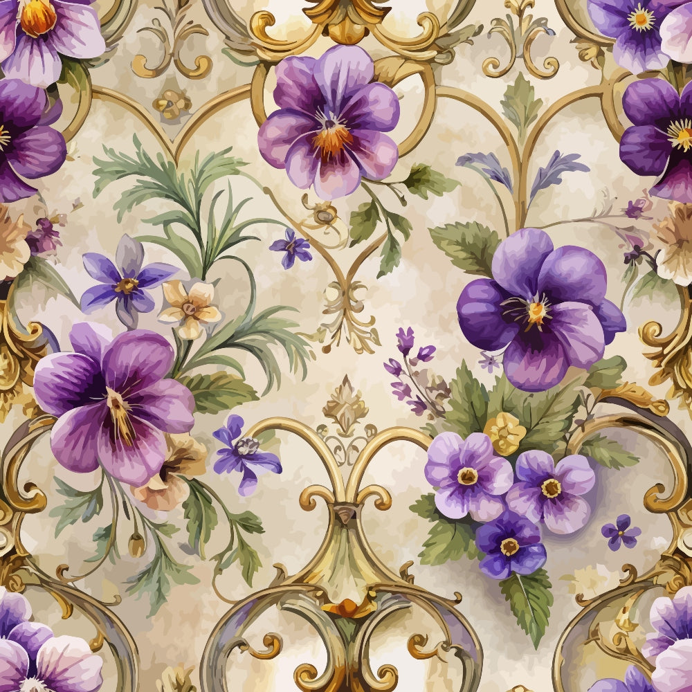 purple flowers, baroque pattern, ornate scrollwork, pansies, violets, gold accents, floral motifs, decorative swirls, cream background, lavender blooms, green foliage, elegant design,, fabric panel, vintage style, ornamental flourishes, botanical print, purple palette, rococo elements, damask influence
