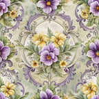 purple flowers, yellow blooms, baroque pattern, ornate scrollwork, floral medallion, decorative swirls, pansies, vintage style, cream background, sage green leaves,, fabric panel, symmetrical design, elegant florals, rococo elements, botanical motifs, lavender tones, golden yellow, intricate borders