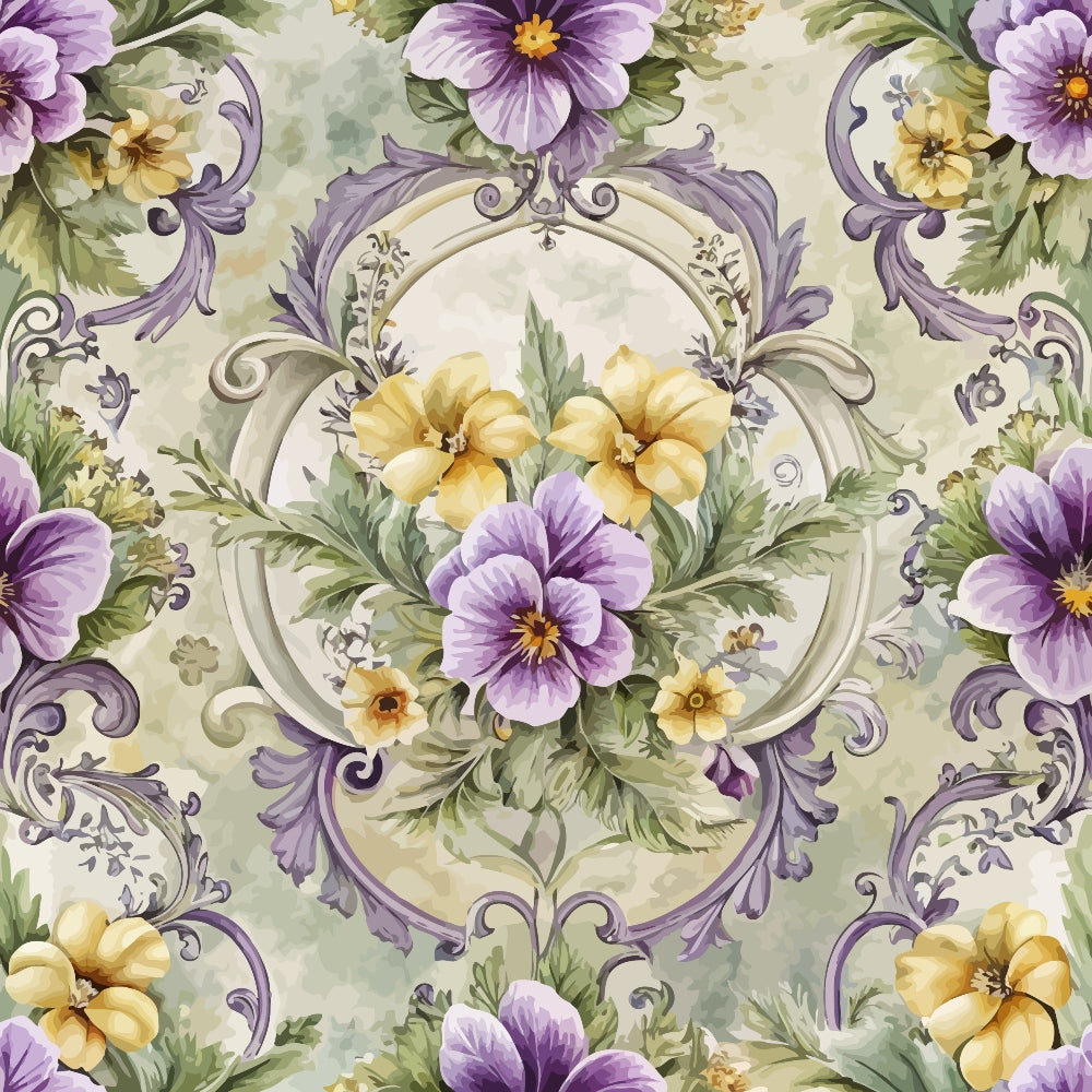 purple flowers, yellow blooms, baroque pattern, ornate scrollwork, floral medallion, decorative swirls, pansies, vintage style, cream background, sage green leaves,, fabric panel, symmetrical design, elegant florals, rococo elements, botanical motifs, lavender tones, golden yellow, intricate borders