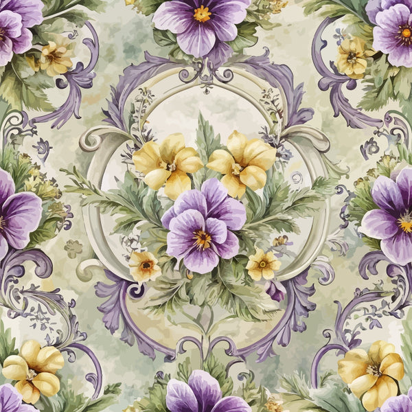 purple flowers, yellow blooms, baroque pattern, ornate scrollwork, floral medallion, decorative swirls, pansies, vintage style, cream background, sage green leaves,, fabric panel, symmetrical design, elegant florals, rococo elements, botanical motifs, lavender tones, golden yellow, intricate borders