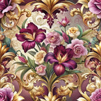 burgundy, mauve, gold, cream, baroque scrollwork, ornate flourishes, roses, lilies, floral bouquet, vintage style, decorative swirls, purple tones, peachy pink, botanical design,, fabric panel, romantic florals, elegant pattern, rich colors, antique aesthetic