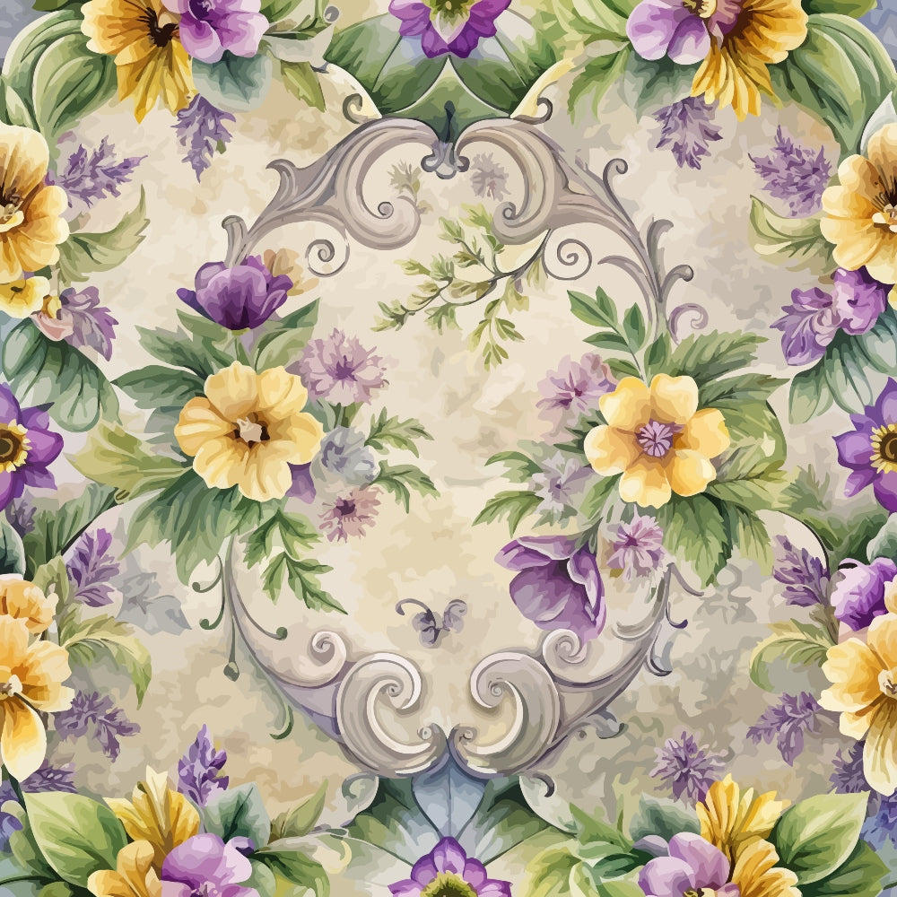 purple flowers, yellow blooms, green leaves, baroque scrollwork, ornate swirls, floral wreath, watercolor style, decorative flourishes, lavender petals, golden blossoms,, fabric panel, botanical motifs, elegant design, soft pastels, vintage florals, ornamental border, romantic aesthetic