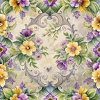 purple flowers, yellow blooms, green leaves, baroque scrollwork, ornate swirls, floral wreath, watercolor style, decorative flourishes, lavender petals, golden blossoms,, fabric panel, botanical motifs, elegant design, soft pastels, vintage florals, ornamental border, romantic aesthetic