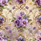 purple flowers, lavender blooms, baroque pattern, ornate scrollwork, gold flourishes, floral bouquets, vintage style, elegant design,, fabric panel, decorative motifs, romantic florals, cream background, green foliage, yellow accents, ornamental swirls, botanical print, sophisticated pattern, repeating design, luxurious aesthetic