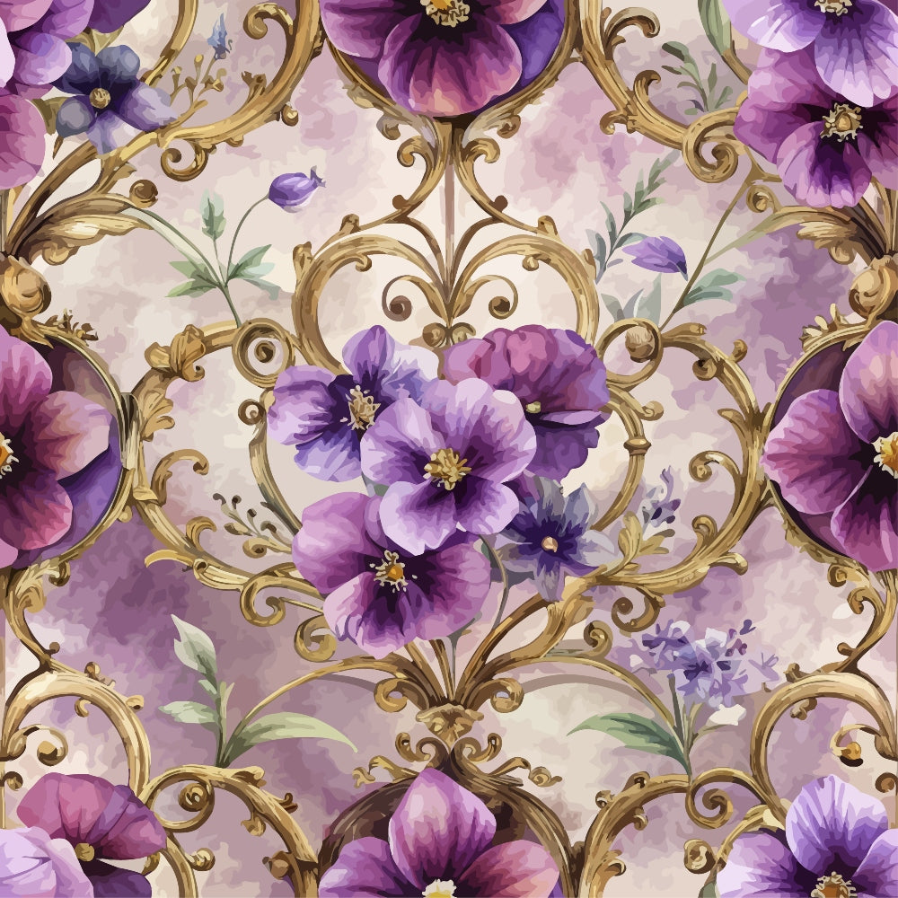 purple flowers, lavender blooms, gold baroque scrollwork, ornate swirls, floral pattern,, fabric panel, watercolor style, elegant motif, decorative flourishes, violet petals, cream background, botanical design, rococo elements, seamless repeat, cotton fabric, crafting material, sewing panel, artistic florals, luxury aesthetic