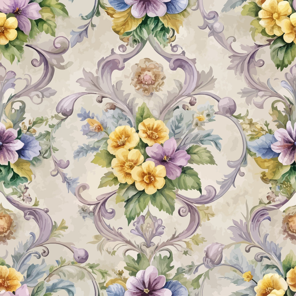 baroque florals, purple scrollwork, yellow flowers, lavender blooms, ornate swirls, cream background, decorative flourishes, vintage pattern, pastel colors,, floral motifs, rococo style, soft pastels, botanical design, elegant swirls, muted tones, fabric panel, repeating pattern, delicate flowers, ornamental design