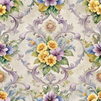 baroque florals, purple scrollwork, yellow flowers, lavender blooms, ornate swirls, cream background, decorative flourishes, vintage pattern, pastel colors,, floral motifs, rococo style, soft pastels, botanical design, elegant swirls, muted tones, fabric panel, repeating pattern, delicate flowers, ornamental design