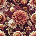 burgundy, maroon, cream, peach, coral, baroque florals, ornate flowers, dahlias, peonies, decorative leaves, vintage style, elegant pattern, rich tones,, fabric panel, seamless repeat, romantic florals, luxurious design, warm palette, detailed blooms