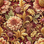 burgundy, maroon, golden yellow, peach, coral, baroque florals, ornate flowers, decorative scrollwork, acanthus leaves, vintage botanical, elaborate petals, swirling vines, formal garden, opulent design,, fabric panel, rich textures, dimensional blooms, european style, luxurious pattern