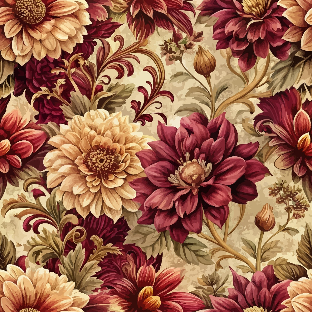 burgundy, cream, golden yellow, rust orange, baroque floral, ornate flowers, dahlia blooms, decorative scrollwork, vintage botanical, rich textures,, fabric panel, autumn colors, wine red, champagne beige, elaborate petals, flowing vines, dimensional florals, warm palette, opulent design