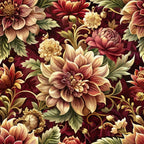 burgundy, cream, gold, rust, sage green, baroque florals, dahlia flowers, ornate scrollwork, vintage botanical, decorative swirls, autumn tones, rich floral pattern,, fabric panel, detailed petals, layered blooms, warm palette, elegant florals, intricate design, luxurious motifs