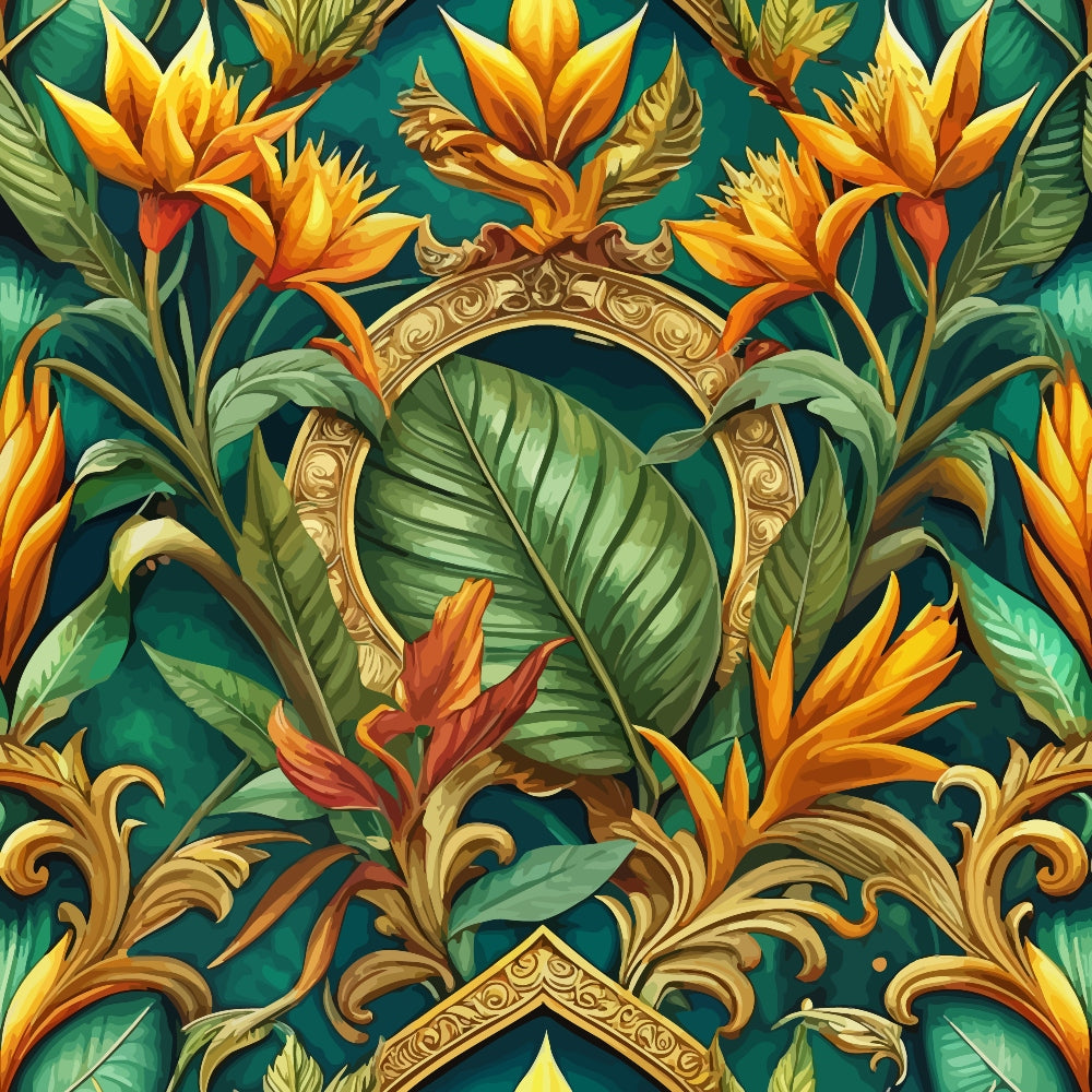 baroque pattern, tropical flowers, bird of paradise, ornate gold frame, emerald green, vibrant orange, golden yellow, lush foliage, decorative scrollwork,, fabric panel, exotic blooms, ornamental design, rich colors, botanical motifs, luxurious pattern, tropical paradise, detailed florals, vintage style, opulent design