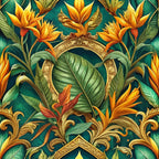 baroque pattern, tropical flowers, bird of paradise, ornate gold frame, emerald green, vibrant orange, golden yellow, lush foliage, decorative scrollwork,, fabric panel, exotic blooms, ornamental design, rich colors, botanical motifs, luxurious pattern, tropical paradise, detailed florals, vintage style, opulent design