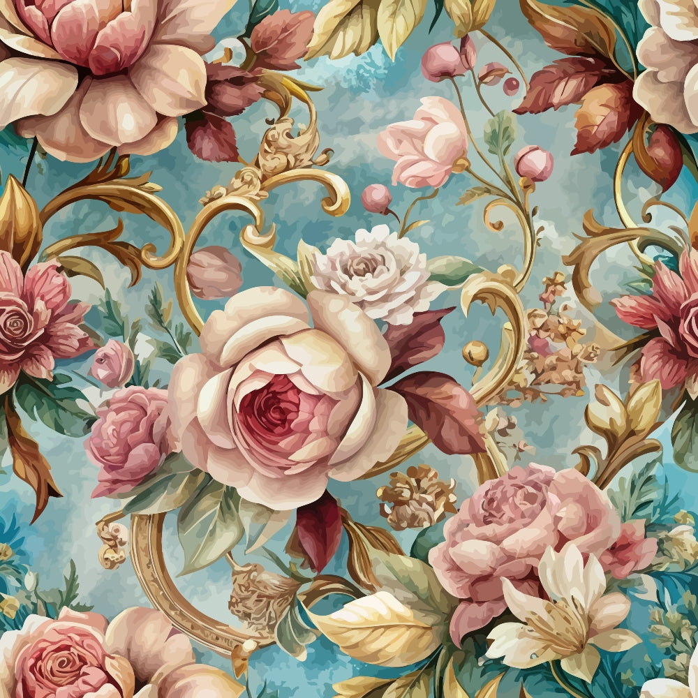baroque florals, roses, peonies, ornate scrollwork, dusty rose, blush pink, sage green, golden yellow, turquoise blue, cream, vintage floral, rococo style, decorative swirls, botanical elements,, fabric panel, romantic florals, elaborate design, pastel palette, ornamental pattern