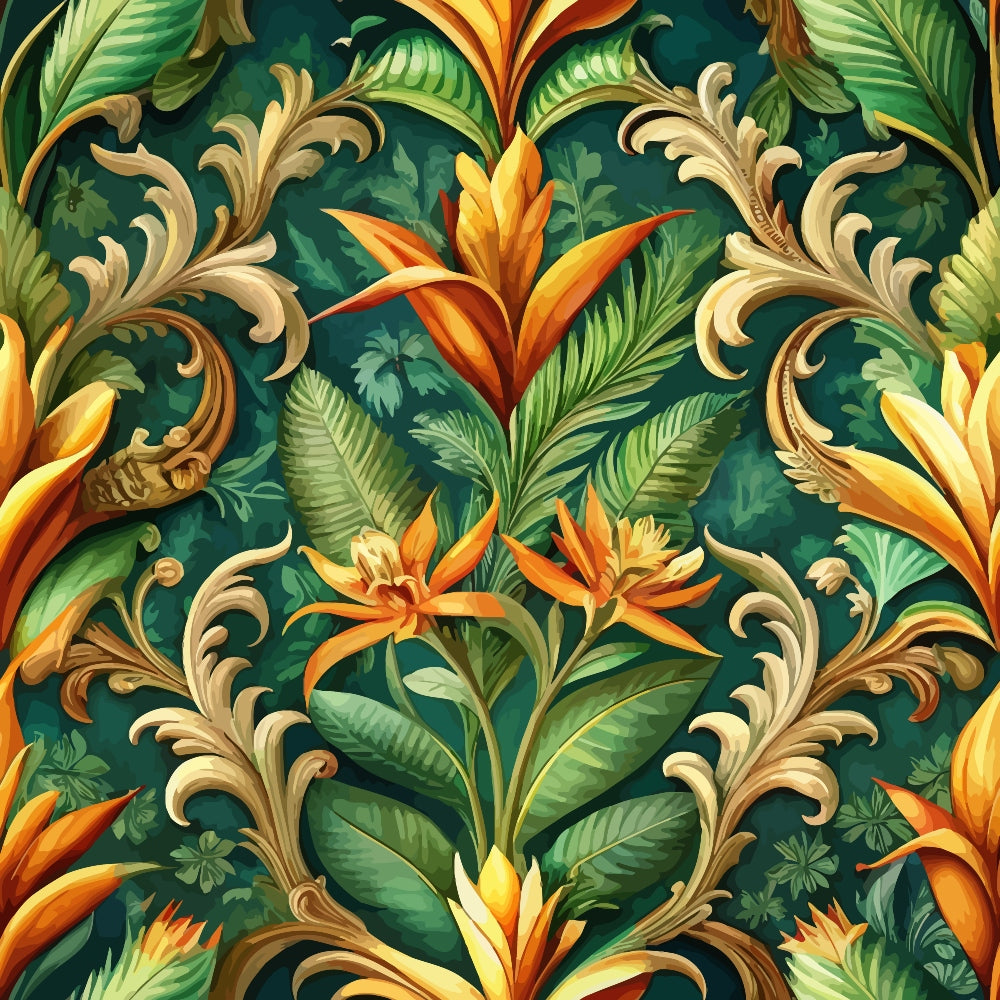 baroque florals, orange flowers, tropical blooms, deep green background, ornate scrollwork, golden flourishes, botanical motif, bird of paradise, lush foliage, decorative swirls,, fabric panel, emerald green, amber orange, elaborate pattern, tropical paradise, ornamental design, flowing vines, exotic flowers, rich colors