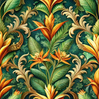 baroque florals, orange flowers, tropical blooms, deep green background, ornate scrollwork, golden flourishes, botanical motif, bird of paradise, lush foliage, decorative swirls,, fabric panel, emerald green, amber orange, elaborate pattern, tropical paradise, ornamental design, flowing vines, exotic flowers, rich colors
