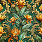 emerald green, golden yellow, orange flowers, baroque pattern, ornate scrollwork, tropical leaves, lily blooms, decorative swirls,, fabric panel, lush foliage, vintage style, elaborate design, botanical motifs, rich colors, flowing vines, opulent florals, jewel tones, renaissance inspired