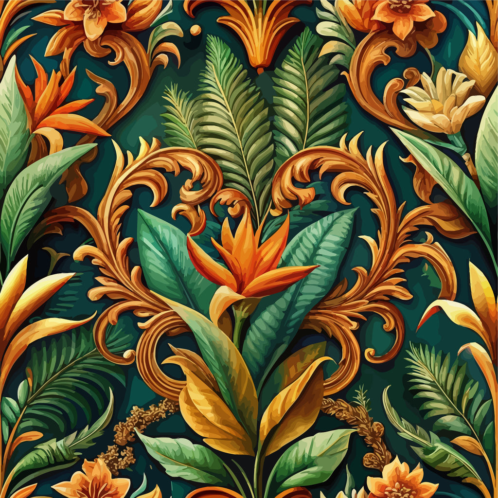 baroque florals, tropical flowers, ornate scrollwork, emerald green, burnt orange, golden yellow, coral pink, lush foliage, decorative swirls, bird of paradise, tropical leaves,, fabric panel, ornamental design, rich colors, botanical motifs, flowing vines, exotic blooms, luxurious pattern