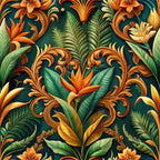 baroque florals, tropical flowers, ornate scrollwork, emerald green, burnt orange, golden yellow, coral pink, lush foliage, decorative swirls, bird of paradise, tropical leaves,, fabric panel, ornamental design, rich colors, botanical motifs, flowing vines, exotic blooms, luxurious pattern