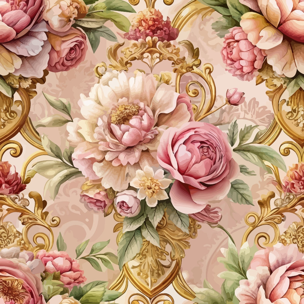 blush pink, coral, cream, sage green, gold accents, baroque pattern, ornate scrollwork, peonies, roses, ranunculus, floral bouquets, vintage style, romantic motif,, fabric panel, elegant design, layered petals, botanical print, soft pastels, decorative flourishes