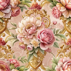 blush pink, coral, cream, sage green, gold accents, baroque pattern, ornate scrollwork, peonies, roses, ranunculus, floral bouquets, vintage style, romantic motif,, fabric panel, elegant design, layered petals, botanical print, soft pastels, decorative flourishes