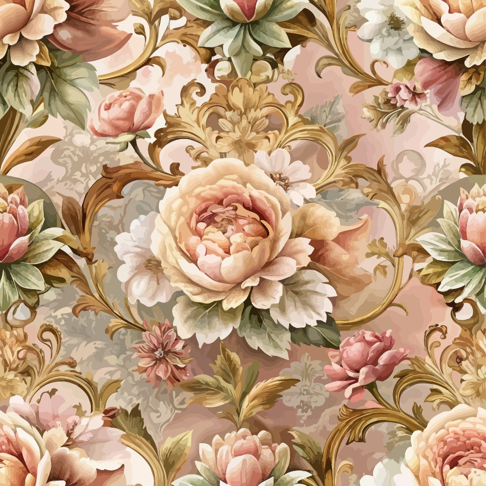 blush pink, cream, sage green, golden brown, baroque florals, ornate scrollwork, peonies, roses, decorative swirls, vintage botanical, elegant pattern,, fabric panel, romantic florals, soft pastels, intricate design, layered blooms, ornamental leaves, flowing vines, luxurious motifs