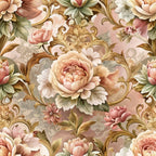 blush pink, cream, sage green, golden brown, baroque florals, ornate scrollwork, peonies, roses, decorative swirls, vintage botanical, elegant pattern,, fabric panel, romantic florals, soft pastels, intricate design, layered blooms, ornamental leaves, flowing vines, luxurious motifs