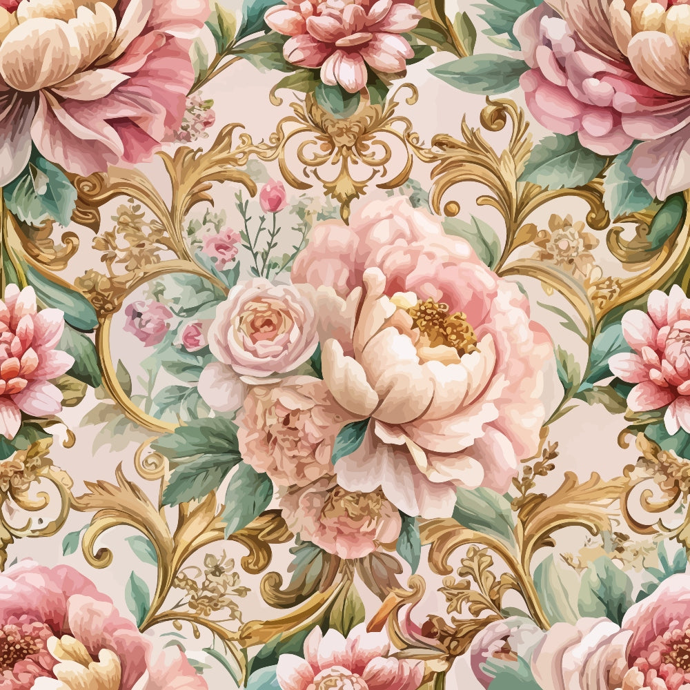 blush pink, coral pink, sage green, gold accents, baroque scrollwork, ornate flourishes, peonies, roses, floral bouquets, romantic florals, vintage style, elegant pattern,, fabric panel, soft pastels, decorative swirls, botanical design, feminine aesthetic, repeating pattern