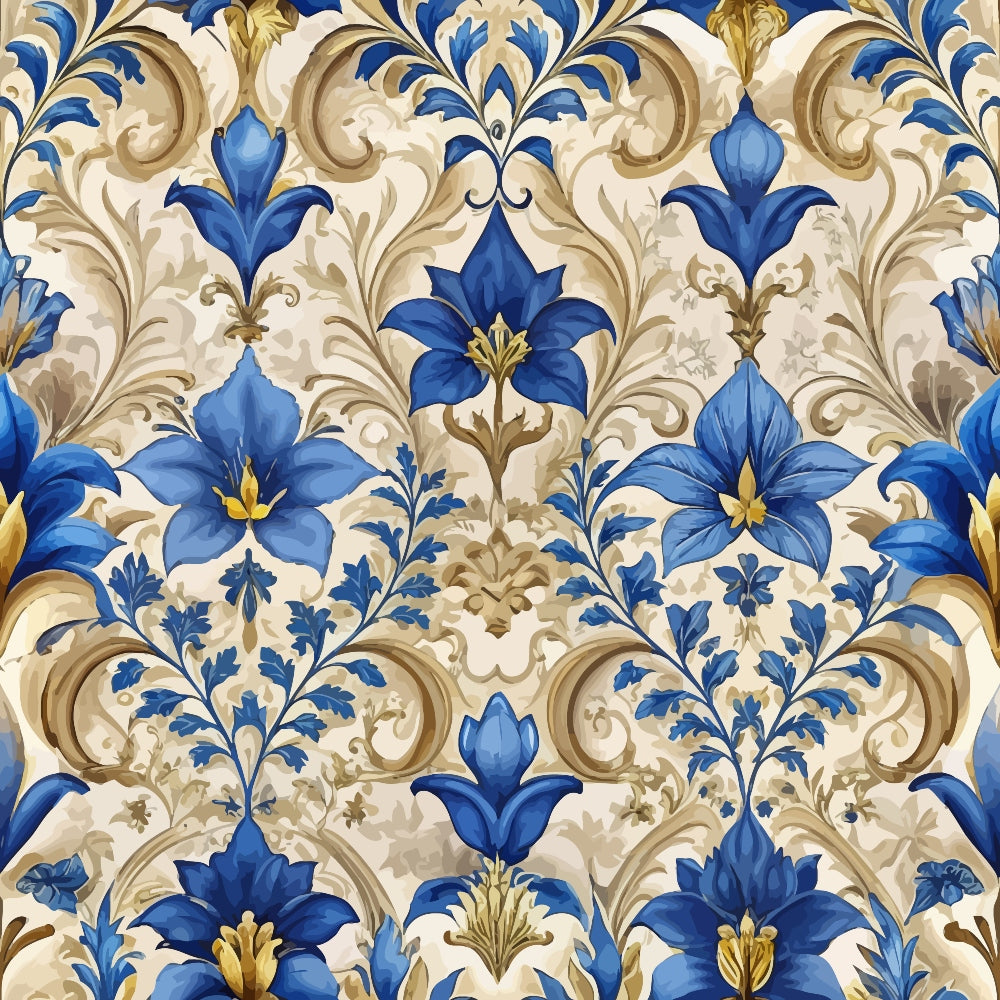 royal blue, cream, gold, baroque pattern, ornate florals, lily flowers, scrollwork, acanthus leaves, damask design, elegant swirls, decorative motifs, luxurious pattern, renaissance style, intricate details,, fabric panel, ornamental design, floral wallpaper style, sophisticated palette