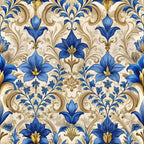 royal blue, cream, gold, baroque pattern, ornate florals, lily flowers, scrollwork, acanthus leaves, damask design, elegant swirls, decorative motifs, luxurious pattern, renaissance style, intricate details,, fabric panel, ornamental design, floral wallpaper style, sophisticated palette