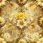 baroque florals, golden yellow, cream, beige, ornate scrollwork, decorative flowers, damask pattern, elegant swirls, vintage motifs,, fabric panel, luxurious design, floral medallions, antique style, warm tones, intricate details, ornamental leaves, sophisticated pattern, repeating design