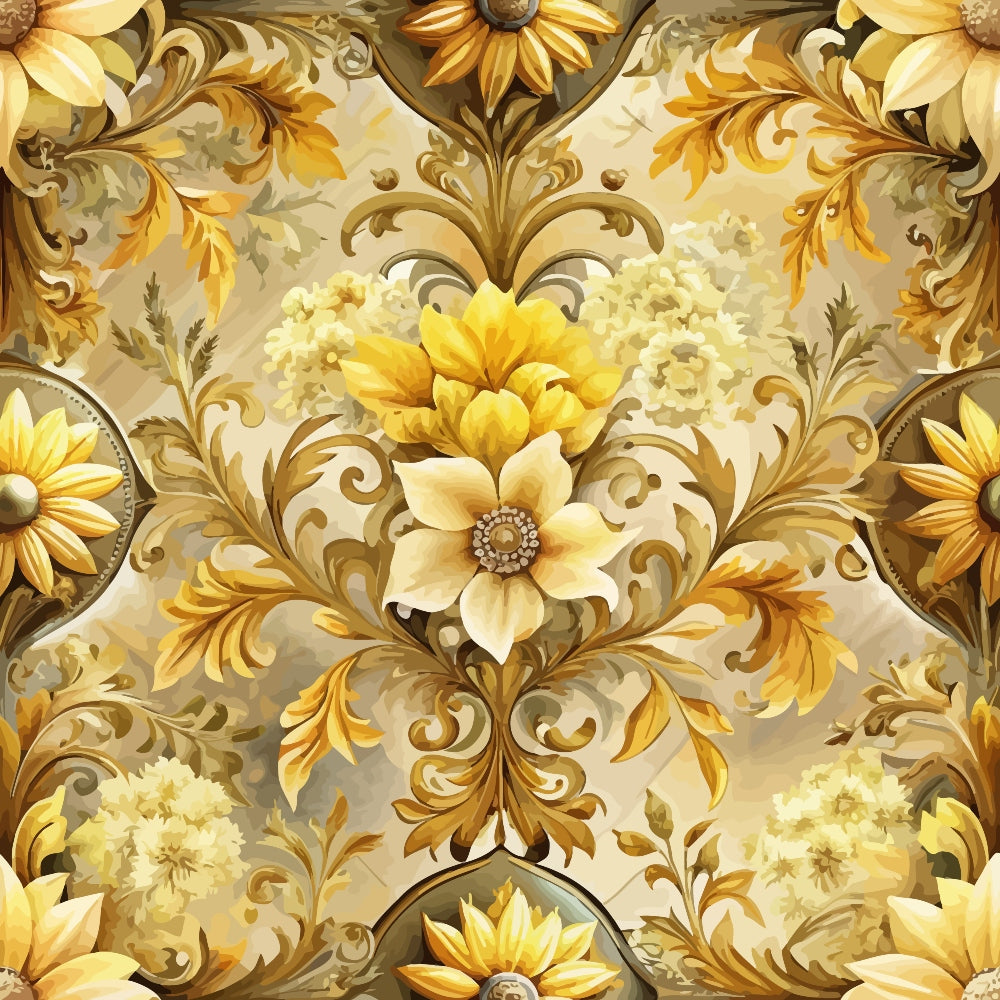baroque florals, golden yellow, cream, beige, ornate scrollwork, decorative flowers, damask pattern, elegant swirls, vintage motifs,, fabric panel, luxurious design, floral medallions, antique style, warm tones, intricate details, ornamental leaves, sophisticated pattern, repeating design
