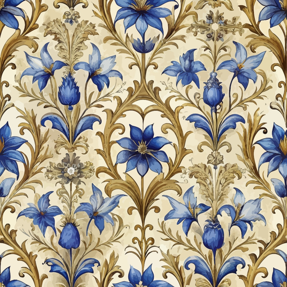 baroque florals, blue flowers, cream background, ornate pattern, decorative scrollwork, vintage style,, fabric panel, floral motifs, gold accents, elegant design, damask style, botanical elements, repeating pattern, luxurious feel, royal blue, antique aesthetic, formal florals, ornamental design
