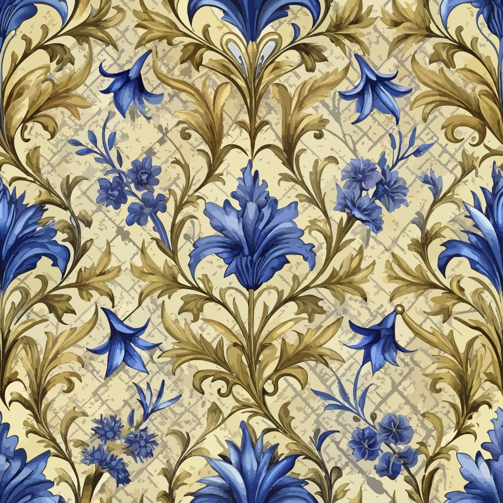 baroque florals, blue flowers, gold foliage, ornate scrollwork, damask pattern,, fabric panel, decorative swirls, royal blue, cream background, acanthus leaves, floral motifs, elaborate design, textile pattern, ornamental vines, sophisticated florals, intricate details, repeating pattern, luxurious style