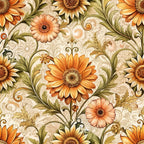 baroque florals, sunflowers, orange flowers, coral blooms, olive green leaves, cream background, ornate scrollwork, decorative swirls, vintage pattern, floral motifs,, fabric panel, autumn colors, golden yellow, peachy pink, botanical design, elegant flourishes, seamless repeat, warm tones