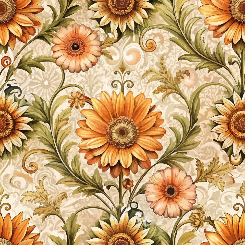 baroque florals, sunflowers, orange flowers, coral blooms, olive green leaves, cream background, ornate scrollwork, decorative swirls, vintage pattern, floral motifs,, fabric panel, autumn colors, golden yellow, peachy pink, botanical design, elegant flourishes, seamless repeat, warm tones